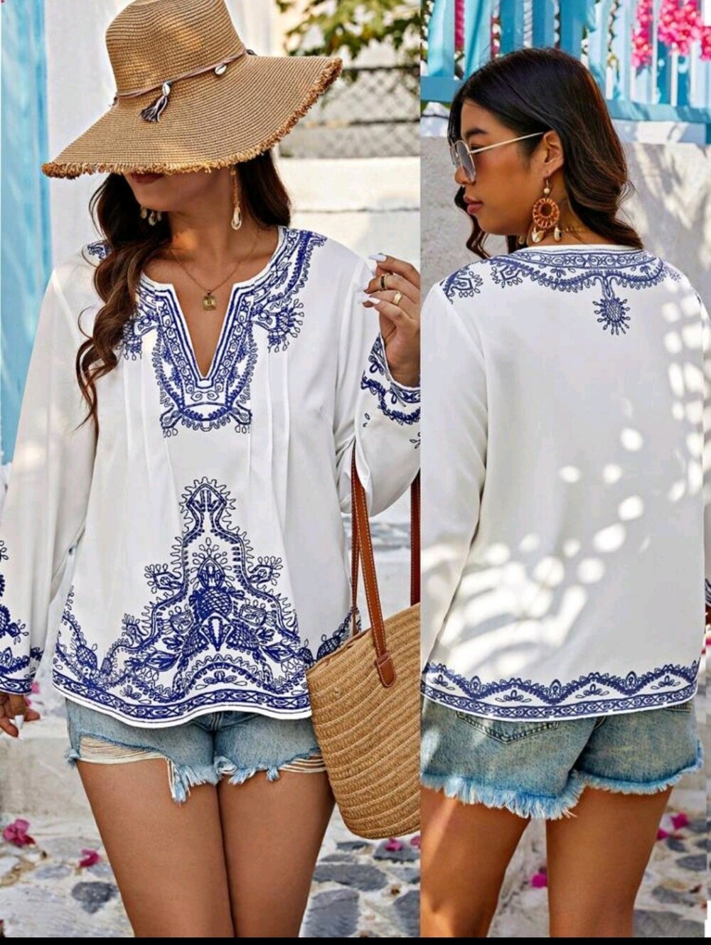 White & Blue Pint V-Neck Tunic Top - Women's Boho Casual
